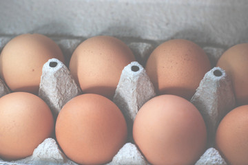 Large farm brown chicken eggs in an ecological cardboard box.