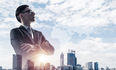 Concept of business success and control with confident boss against cityscape background