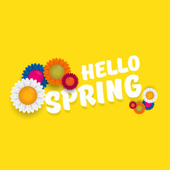 vector hello spring cut paper banner with text and flowers. hello spring slogan or label isolated on orange