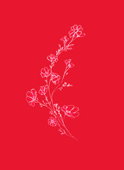 tree branch with flowers and leaves, graphic hand drawn, blossom white tree on red background. Simple pencil art