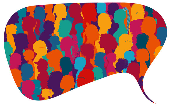 Speech bubble shape.Crowd talking.Dialogue and communication group of diverse multiethnic and multicultural people.Silhouette of colored profile. Population.Society.Community.Friendship