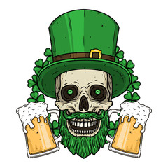 Skull. Irish skull. The skull of Saint Patrick's with green hat, glass beer and clover leaves. Saint Patricks Day illustration.