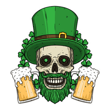 Skull. Irish skull. The skull of Saint Patrick's with green hat, glass beer and clover leaves. Saint Patricks Day illustration.