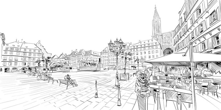 Kleber Square. Strasbourg. France. Hand drawn sketch. Vector illustration.