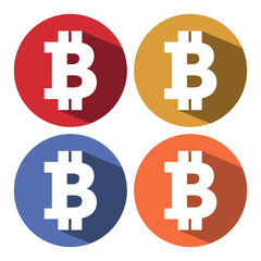 Circle Set of bitcoin icons with long shadow for website app, presentation website, mobile app, in 6 colors for many uses . Flat bitcoin icon in circle