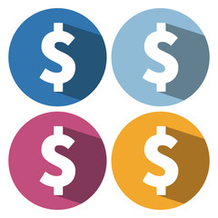 Dollars sign icon. USD currency symbol. Money label. Circle buttons with long shadow. 4 icons set. Vector