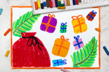 Photo of colorful drawing: Christmas time, gifts and Santa Claus Sack