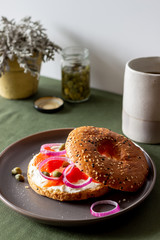 Bagels with salmon, white cream cheese and capers. Recipes. Healthy eating. Breakfast.