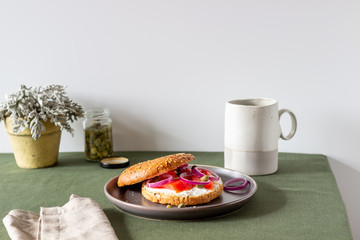 Bagels with salmon, white cream cheese and capers. Recipes. Healthy eating. Breakfast.