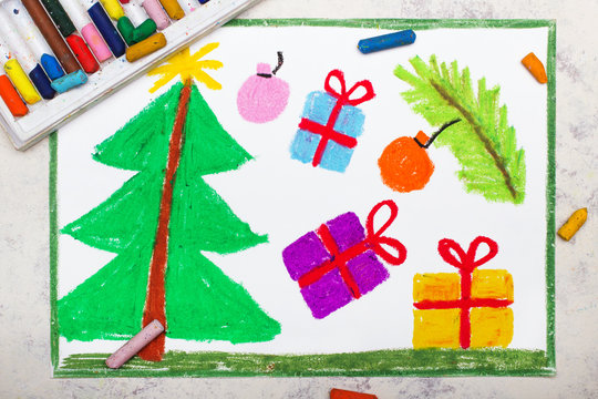 Photo of colorful drawing: Christmas tree and gifts