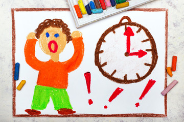 Obraz na płótnie Canvas Photo of colorful drawing: Stressed boy standing next to the clock. Problem with time organization