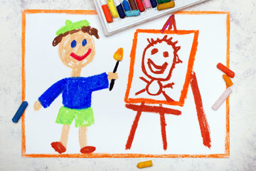 Photo of colorful drawing : Artist painting a portrait. Painter and picture on easel