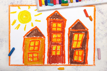 Photo of colorful drawing: Three ugly orange houses