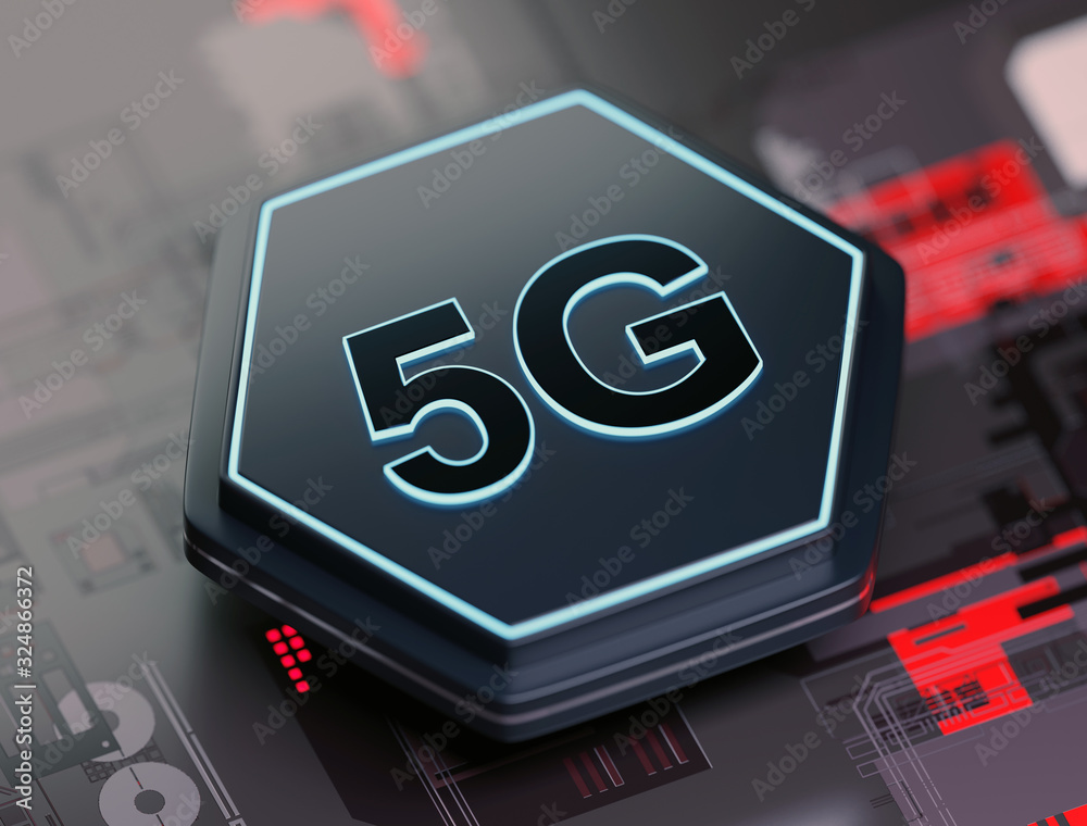 Poster 5g high-speed mobile internet symbol on hexagonal button icon and futuristic technology background i