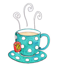 Turquoise and white polka dot tea cup on a saucer. Hand drawn watercolor illustration isolated on white background for menu and card design.