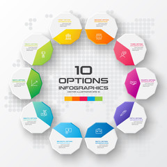 Decagon for infographics,Diagram with 10 options,Vector template for presentation.