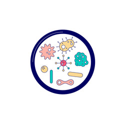 Illustration of multi-colored and diverse microbes, bacteria, viruses under a microscope. Set of various microorganisms. Vector flat cartoon illustration.