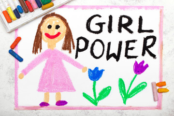 Photo of colorful drawing: Smiling young woman and hand drawn lettering phrase GIRL POWER
