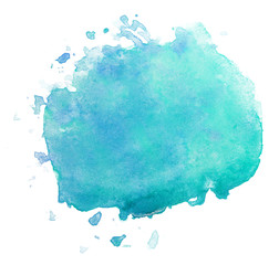 Watercolor aquamarine blue with small droplets around stain element. Watercolor texture on paper photo on a white background isolated