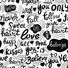 Love, lettering , ink vector seamless pattern on white background. Concept for wallpaper, wrapping paper, cards 