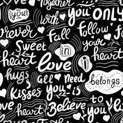Love , lettering chalk  vector seamless pattern on black background. Concept for wallpaper, wrapping paper, cards 