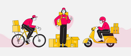 Delivery and courier service concept. Set of happy delivery man riding bicycle, driving moped or scooter to deliver food or packages in time and holding box or package in hand, vector illustration
