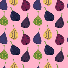 seamless pattern with multi-colored figs of different varieties on a pink background. Modern abstract design for paper, cover, fabric, interior decor