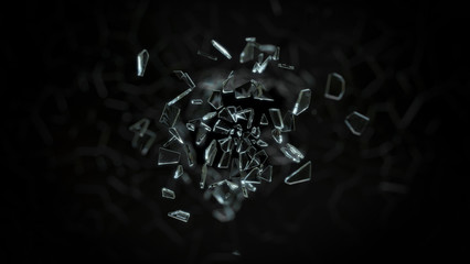 Shattering Glass on black background,3d rendering.