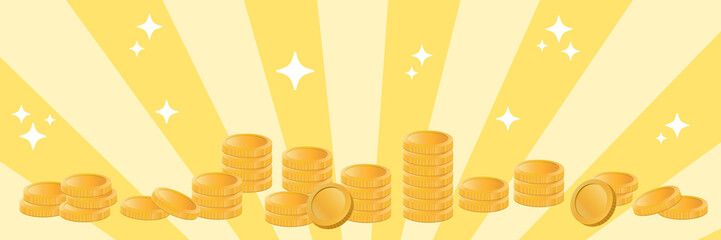 金貨が積み重なるイメージ、少量（横長バナー、コピースペース多め）