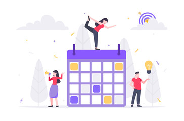 Tiny people characters working together with calendar schedule and fill out task on week schedule. Teamwork and time management concept flat style design vector illustration isolated white background.