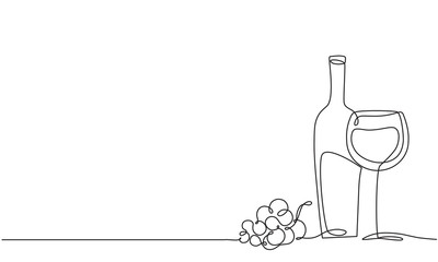 Wine glass, a bottle of wine and grapes. Still life. Sketch. Draw a continuous line. Decor