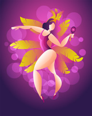 Happy girl dancing samba. Beautiful Brazilian woman in festive costume with feathers. Vector Illustration on a bright background.