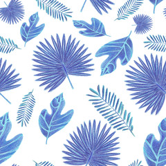 Seamless pattern of pantone blue watercolor pencils hand drawn tropic leaves on white background.