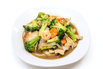 Chicken ,Shrimp and Broccoli Stir-Fry on white background,Chinese food.