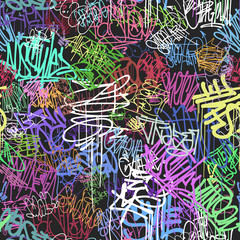 Graffitiwand bunte Tags nahtloses Muster, Graffiti-Straßenkunst