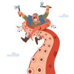 Pirate sailor bravely fights with a giant sea monster octopus. Angry pirate Cuts off octopus tentacles. vector illustration of flat cartoon on white background. © Bahauaddinbek