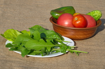 Fresh vegetables and greens on burlap