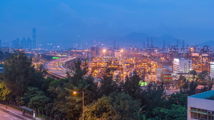 Hong Kong Skyline and Container Terminal day to Night timelapse - Hong Kong Kwai Tsing Container...
