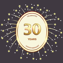 30 years anniversary vector design birthday card  with date in an oval on a background of fireworks with stars
