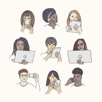 Hand drawn isolated people with smartphone, tablet or laptop