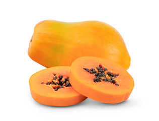 half of ripe papaya fruit with seeds isolated on white background