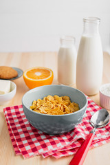 Cereal bowl with milk bottles and orange