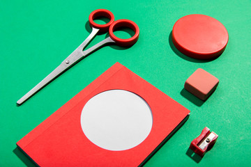 Sticky note cards and school tools and scissors