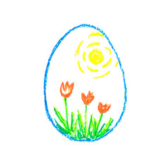 A simple freehand drawing with colored pastel pencils. Blue contour of an Easter egg inside the sun and red tulips flowers. Cartoon illustration for the decor of spring holidays.