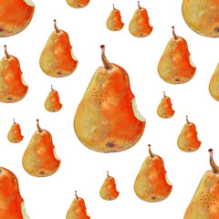 Seamless background of painted delicious pears on a white background