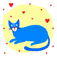 Funny cat  card template. Abstract cute childihs craft cat illustration for design birthday card, bag print, pet shop advertising, veterinary clinic poster, kids room etc.