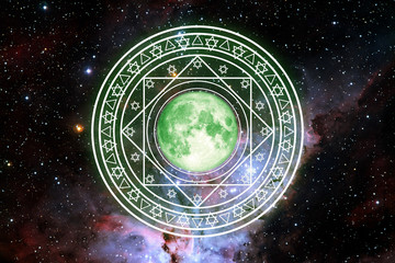 Obraz na płótnie Canvas pink moon in magic six star green energy rotate slow appear galaxy background
