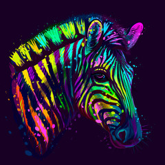 Zebra.  Abstract, neon, multicolored portrait of zebra head on a dark blue background with bright splashes of paint.