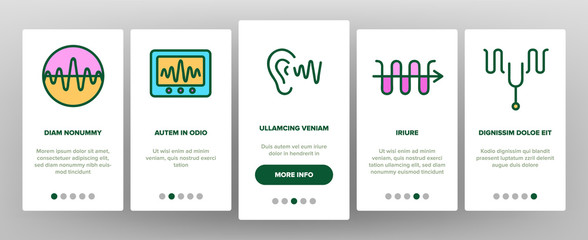 Frequency Pulse Wave Onboarding Icons Set Vector. Microphone And Ear, Radio And Dynamic With Frequency Cardiogram Illustrations