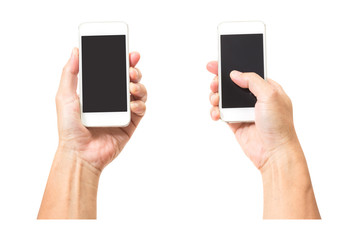 Man hand holding black smartphone isolated on white background
